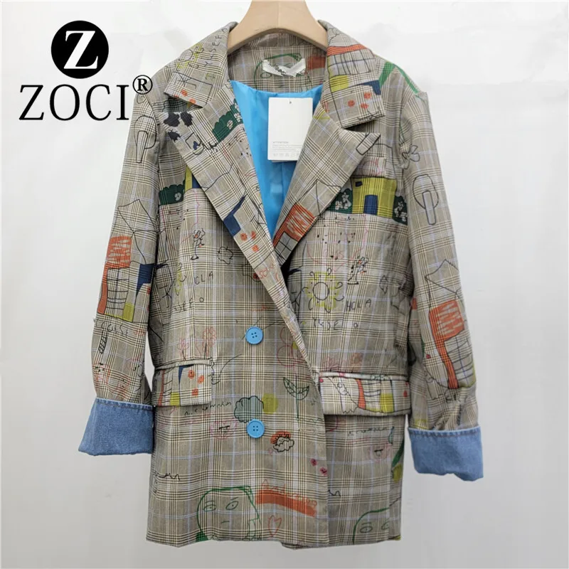 [ZOCI] Grey checkered jacket women's autumn new design, explosive street style loose casual graffiti printed suit