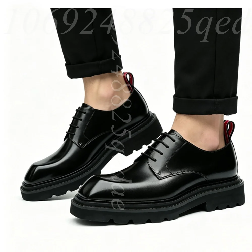 

Men's Polished Leather Square Toe Lace up Oxford Shoes, Chunky Platform Sole, Formal Business Dress Shoes Footwear for Gentlemen