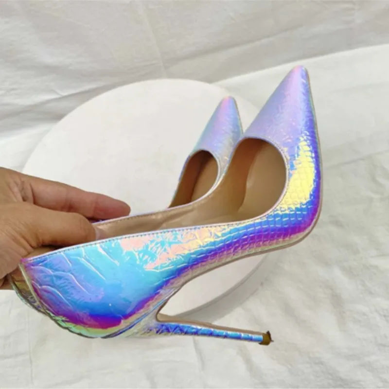 

Женские туфли-лодочки, остроконечные банкетные туфли с голограммой для женщин, 8 см, 10 см, 12 см, модные туфли на высоком каблуке-шпильке со змеиным принтом, меняющие цвет