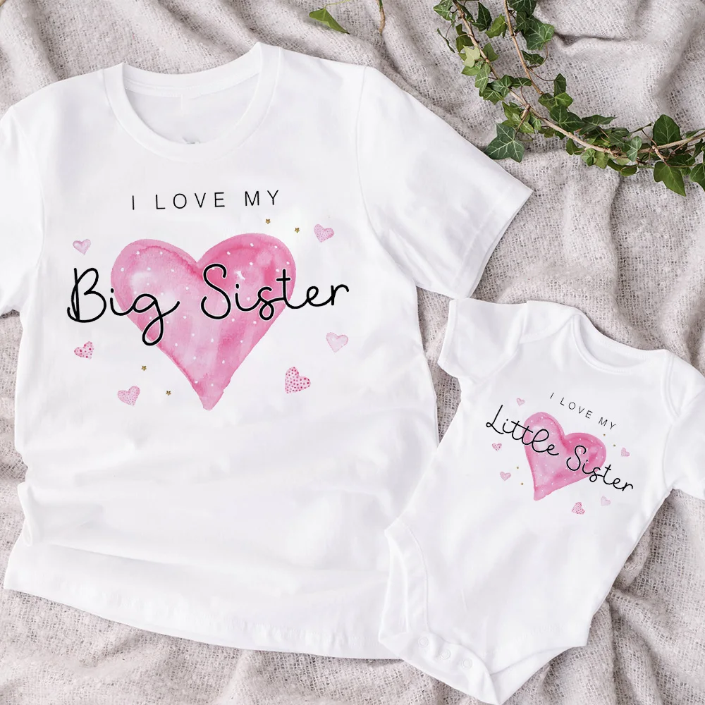 I Love My Big Sister/Little Sister Family Matching Shirt Girls T-shirt Tops Baby Romper Bodysuit Love Print Sibling Look Outfit