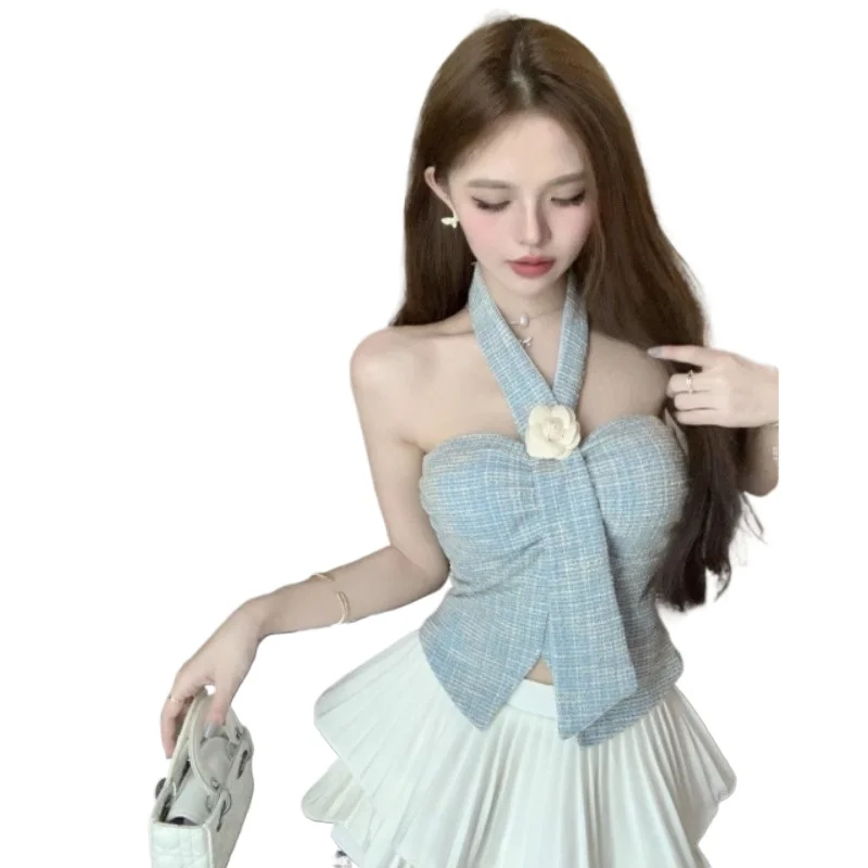 

Летний новый комплект в стиле Spice Girl: топ с открытыми плечами и юбка-пышонок в стиле Xiaoxiangfeng, комплект из двух предметов для женщин