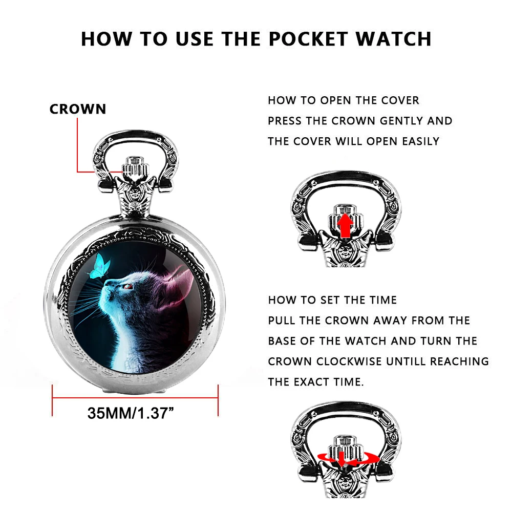 Exquisite Cat Butterfly Pattern Quartz Pocket Watch with Necklace Pendant World-Time Feature, Analog Display for Women Men Kids