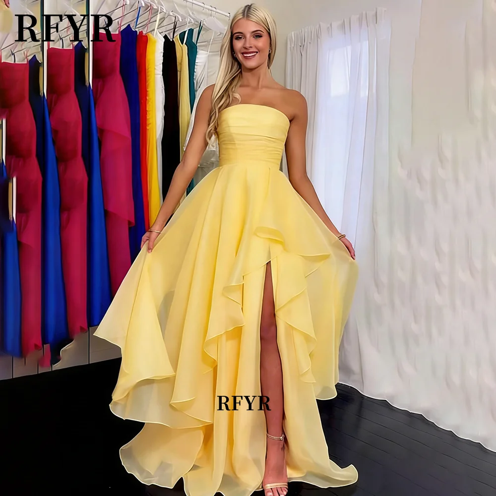 RFYR Yellow Prom Dress Strapless Evening Dress High Slit Party Dress Lace Up Back Celebrity Dress for Arabic Women Customized image 2