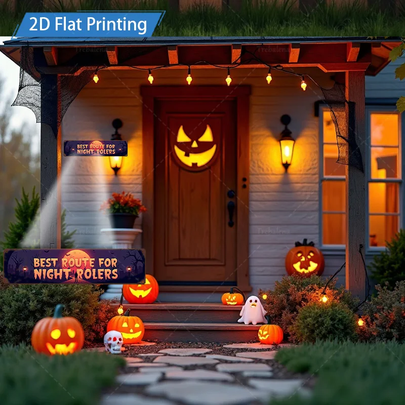 Sinal de metal de 1 unidade, sinal de rota de rolos noturnos de Halloween de 4 x 16 polegadas, decoração de morcego de abóbora assustador para cerca