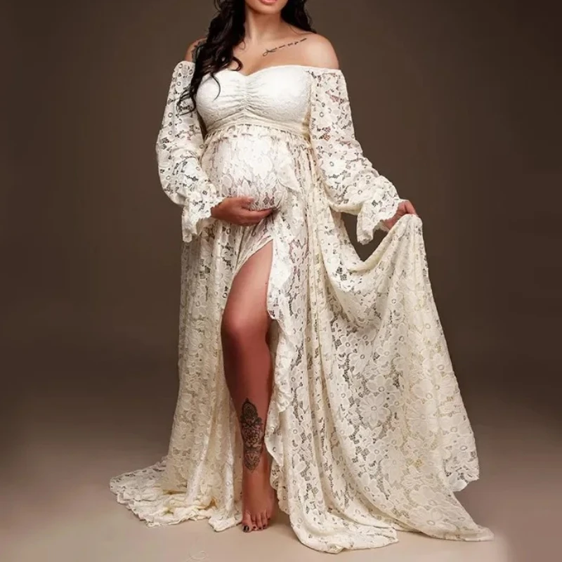 

Boho Style Lace Maternity Dress Bohemian Photo Shooting Pregnancy Dress Baby Shower Ruffled Split Cut Lace Dress