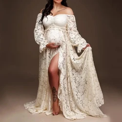 Boho Style Lace Maternity Dress Bohemian Photo Shooting Pregnancy Dress Baby Shower Ruffled Split Cut Lace Dress