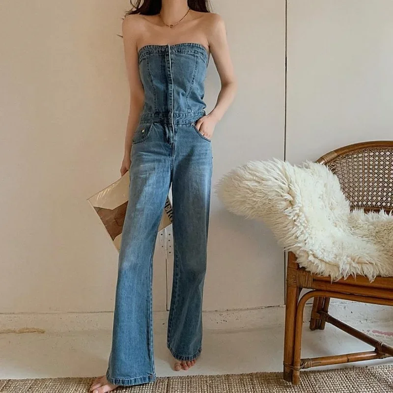 Blue Elegant Women's Strapless Sleeveless Strapless Full Length Backless Tube Top Denim Jumpsuit High Waist Wide Leg Overalls