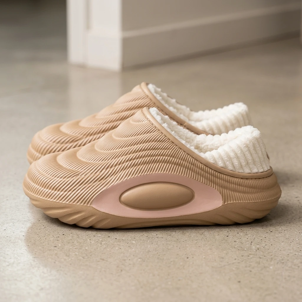 Wave Textured Thermal Men Slippers Thick Sole Cozy Plush Lined Non-Slip Indoor Outdoor Winter Home Slippers for Couples