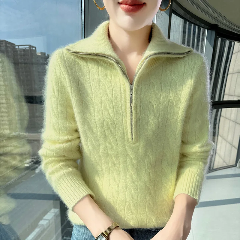 DjzDsm Winter New 100% Mink Cashmere Women's High Neck Half Zipper Thick Solid Color Pullover Loose Knit Warm Sweater 5 Color