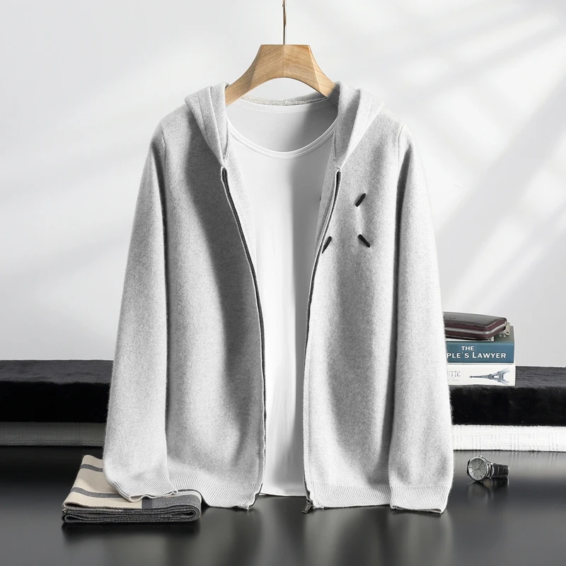 

Men's 100% Cashmere Sweater Zipper Hooded Cardigan Warm Air Layer Thickened Jacket Jacquard Casual Knitted Wool Sweater