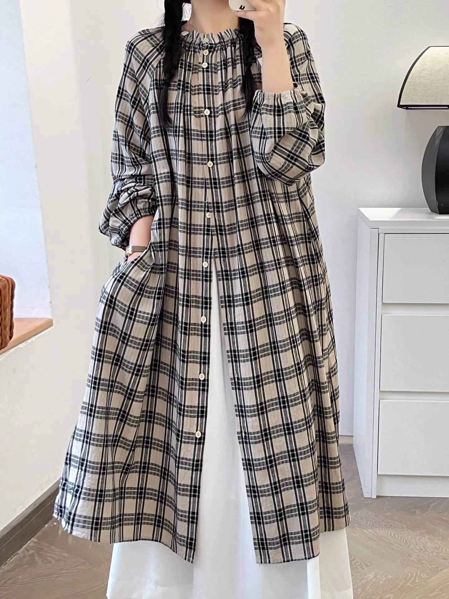 Vêtements d'automne pour femmes, robe à carreaux à manches longues, style japonais, chemise longue à simple boutonnage, grande taille, vêtements pour femmes, 2025