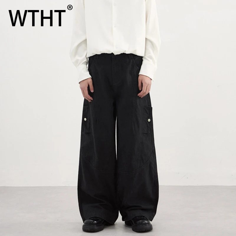 

WTHT Fashion Men's Solid Color Patchwork Straight Cargo Pants Trendy 2025 Winter American Style Wide Leg Trousers Male 2A2525