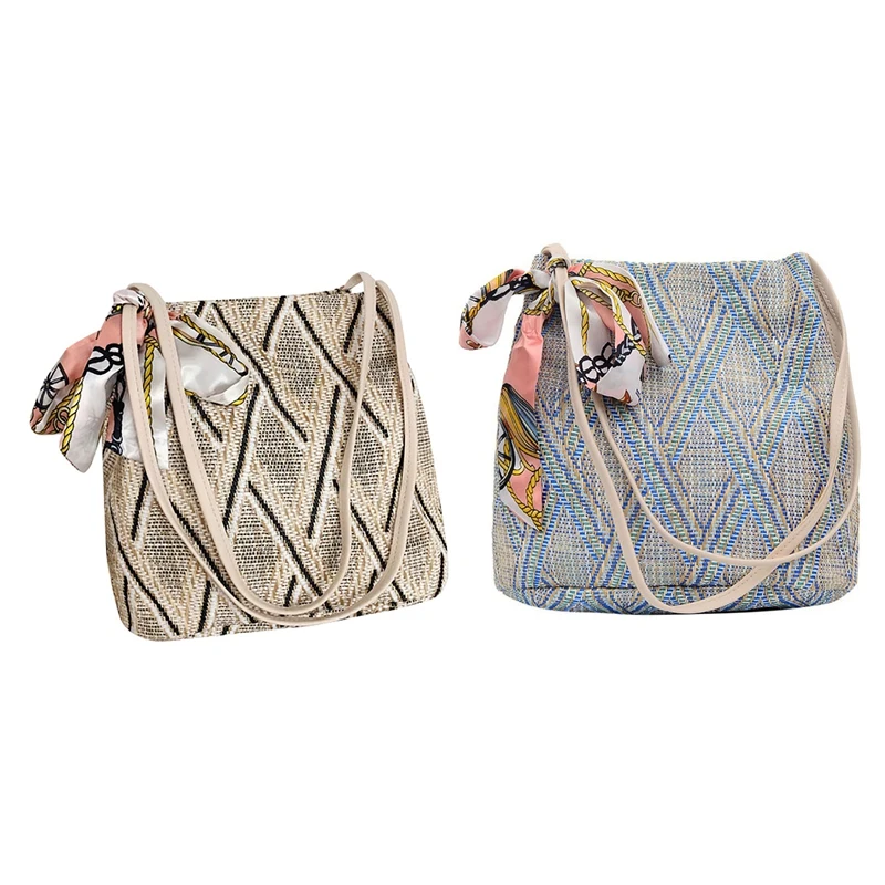 

Hot Kf-2 PCS Bohemian Summer Straw Beach Bag Travel Shopping Female Tote Wicker Bags Creamy-White & Blue