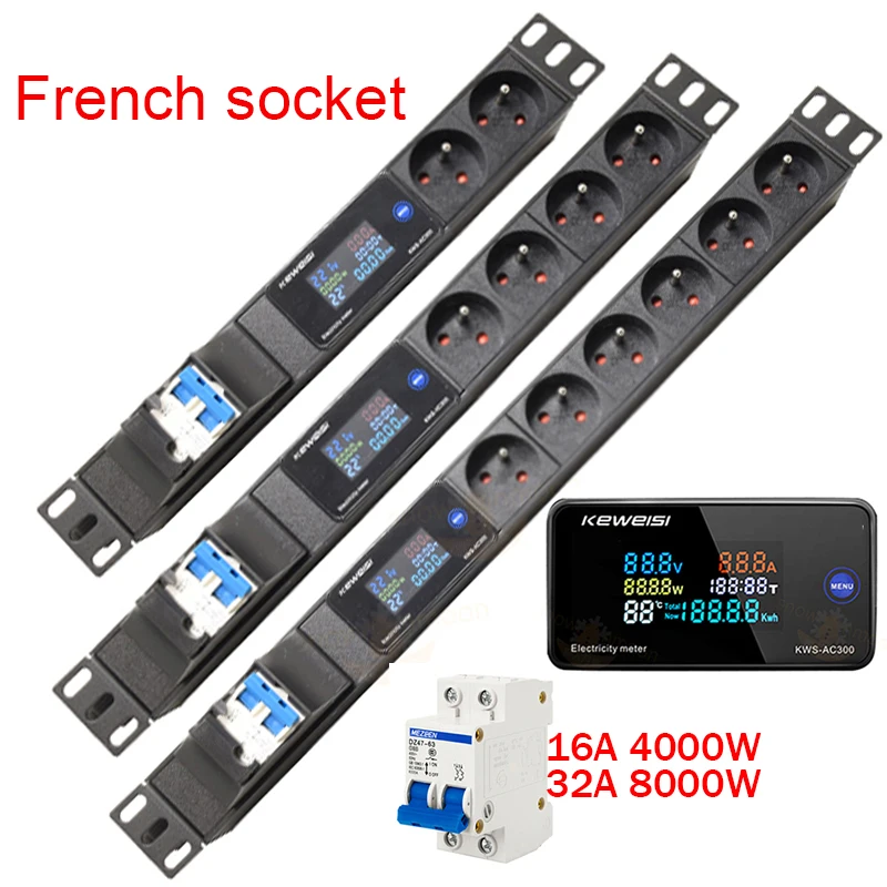 Network Cabinet Rack PDU Power Strip Distribution Unit 2-7Ways French socket with Digital voltage measuring instrument