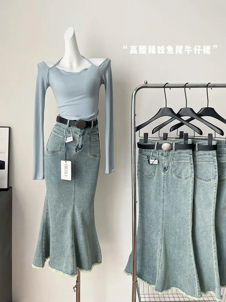 New Women Fashion Solid Mermaid Skirt Casual Blue A-Line Skirt  Raw Edge Chic Trumpet Skirt Hot Streetwear High Street Coquette