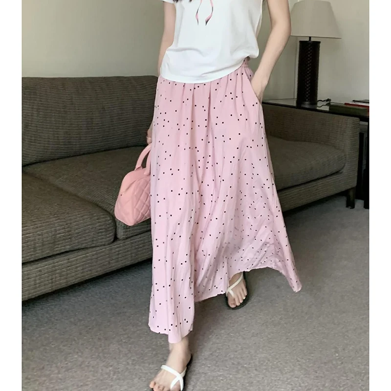 

Summer Girls Chic Wave Point Skirts Lady Elegant Pink High Waisted Skirts Female Korean Casual A-line Mid-Long Skirts
