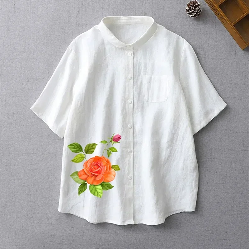 

Women's Shirt Solid Color Print Button Pockets Lapels Short Sleeve Tops 2025 New Summer Sweat Loose Casual Retro Korean Style