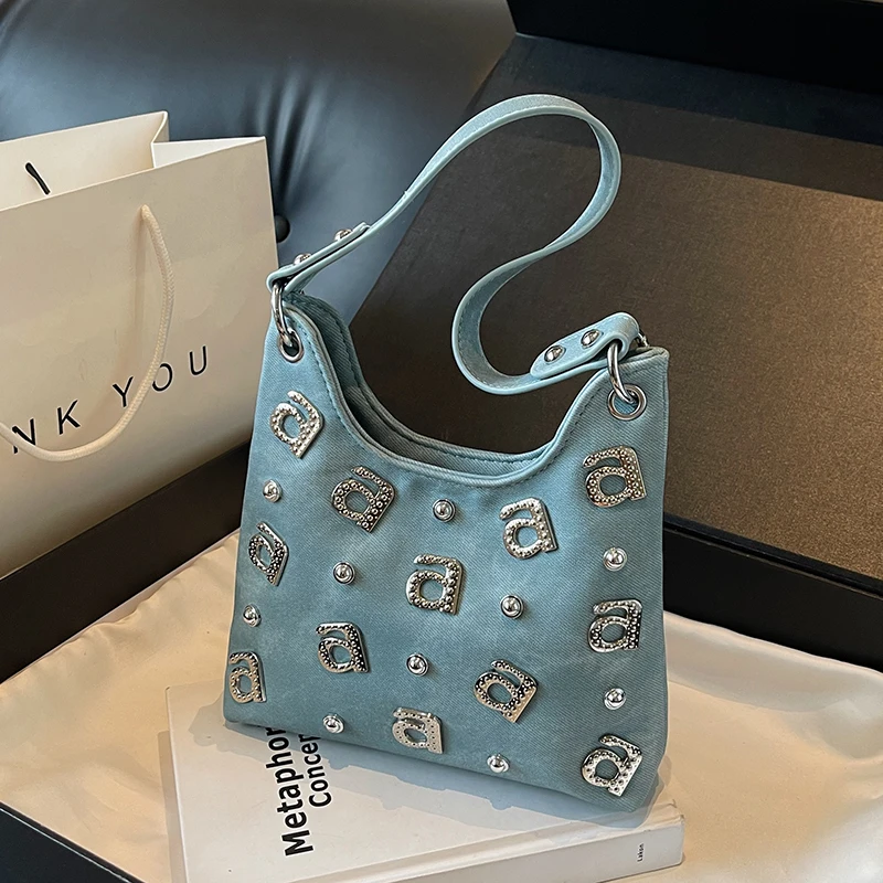 

Leisure Denim Single Shoulder Bag Women's Shiny Diamond Inlaid Underarm Bag 2024 New Popular Versatile Crossbody Bag Bucket Bag