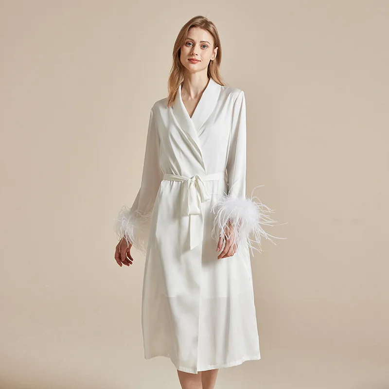 Luxury Removab Feather Wedding Robe Bride Kimono Bathrobe Dressing Gown Sexy Nightgown Sleepwear New Silky Satin Home Wear