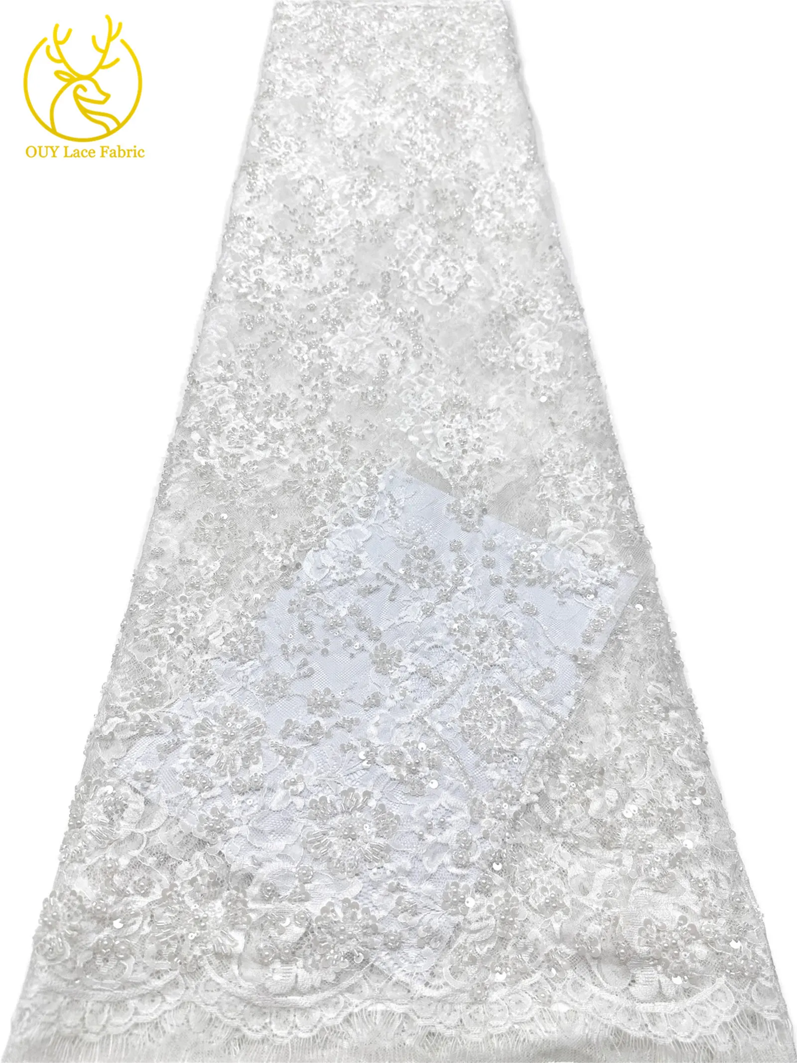 3 Meter exquisiter Perlen-Spitzenstoff, afrikanischer Spitzenstoff mit Pailletten und verstreuten Blumenstickereien zum Nähen von Brautkleidern – Detail 10