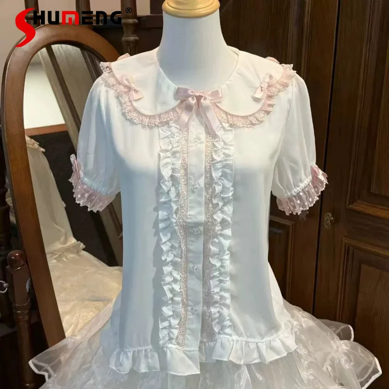 

Japanese Style Sweet Girls Lolita Shirt Blouses Cute Bow Lace Splicing Kawaii Short-sleeved Shirt Summer New Inner Top for Women
