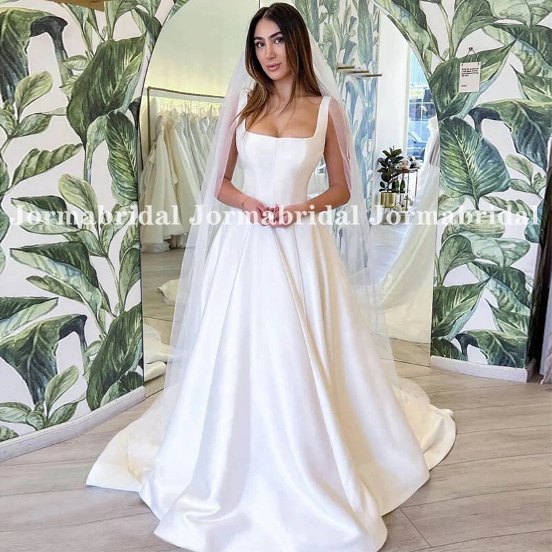 

Modern Square Neck Satin Wedding Dress Sleeveless A-line White Ivory Simplicity Corset Bridal Gowns Custom Vestidos de fiesta