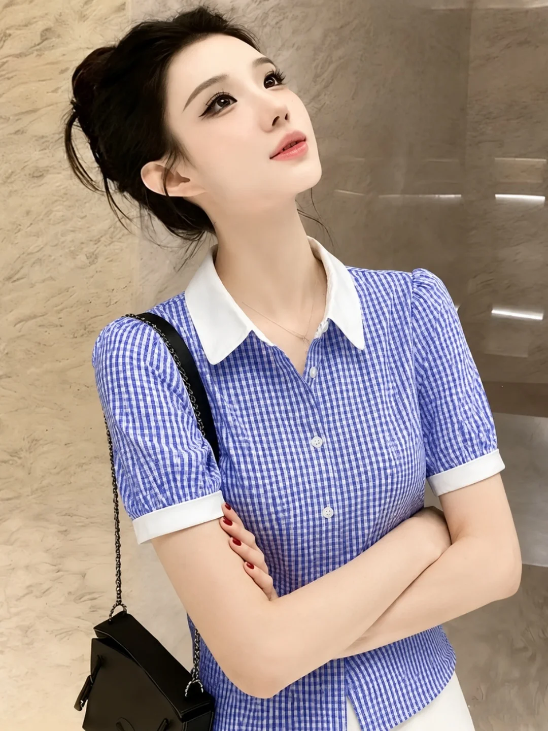 

Summer 2026 Korean Style Checkered Shirt Single Button Loose Short Sleeve Color Block Design Business Casual Women's Top