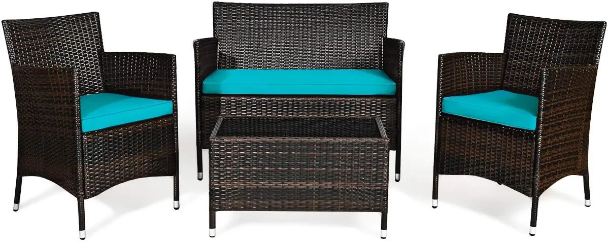 

4-Piece Rattan Patio Set, Outdoor/Indoor Wicker Conversation Set for Pool, Backyard, Lawn, Wicker Chairs and Sofa with Soft