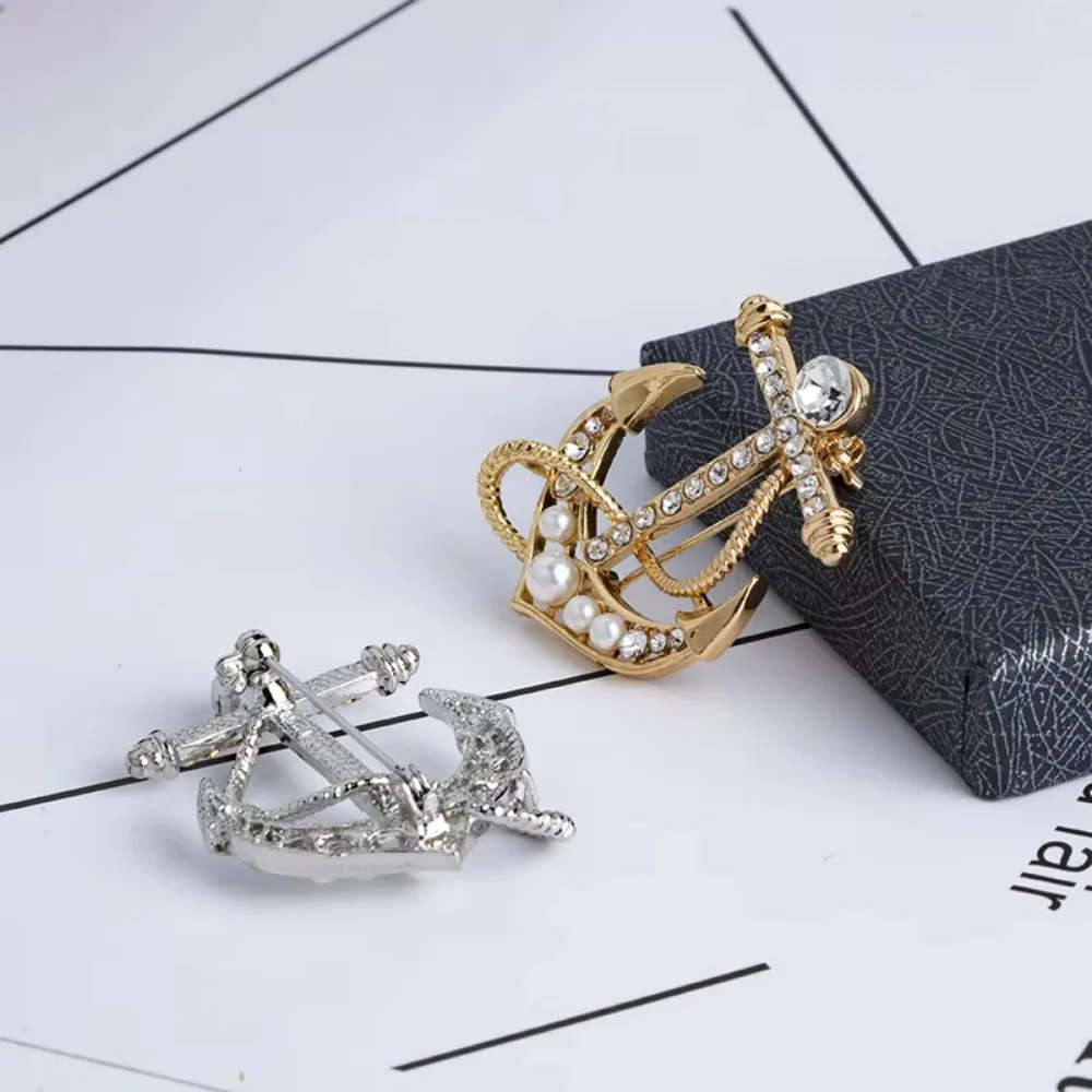Vintage Naval Rudder Anchor Brooch Rhinestone Men's Suit Shirt Collar Lapel Pin Metal Brooch Business Badge Jewelry Accessories view 6