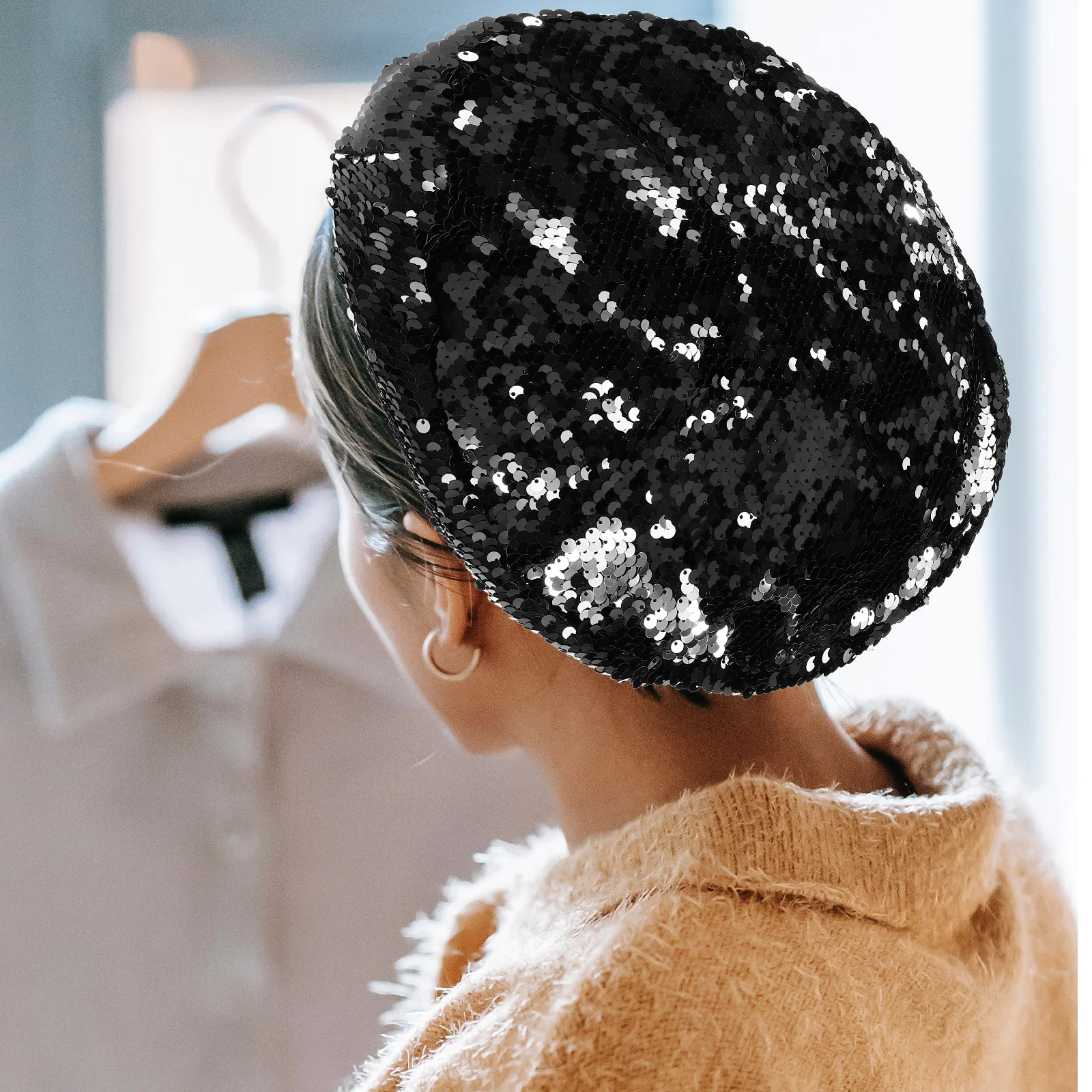 

Sequined Beret Hat for Women Fashion Shimmer Black Glitter Hats Artist Wear Warm Autumn Winter Party Shopping