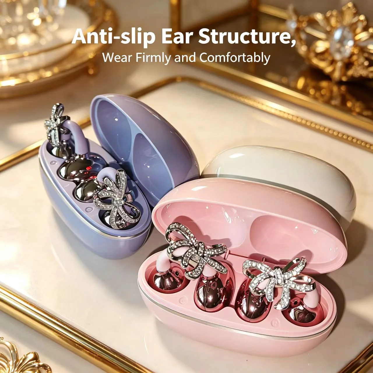 Diamond Bow OWS Open Ear Clip Wireless Earbuds Bluetooth 5.4 Stereo Headphones Fashion Jewelry Earphones HD Mic Sports Headset