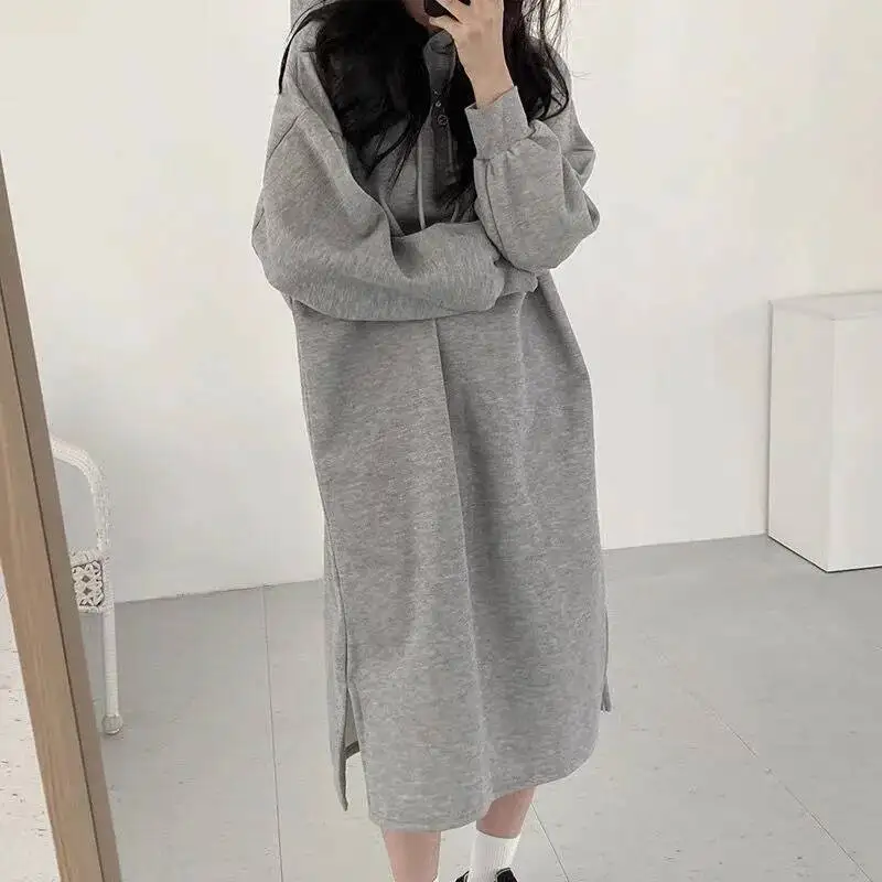 

Women Long Hoodies Dress 2026 Spring Women's Long Hooded Pullover Dress Loose Slim Fit Mid Length Over The Knee Lined Sweatshirt