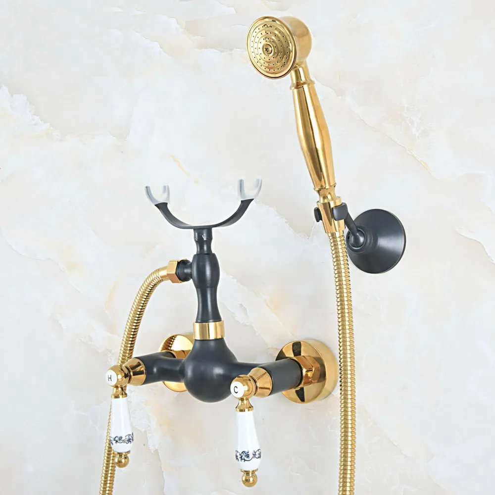 

Black Oil Rubbed & Gold Brass Wall Mount Bathtub Faucet with Handheld Shower Set +1500MM Hose Mixer Tap 2na558