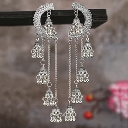 Afghan Women Silver Color Indian Earrings 2022 Half Moon Gypsy Vintage Boho Tribe Bells Long Tassel Drop Earrings Jhumka Jewelry