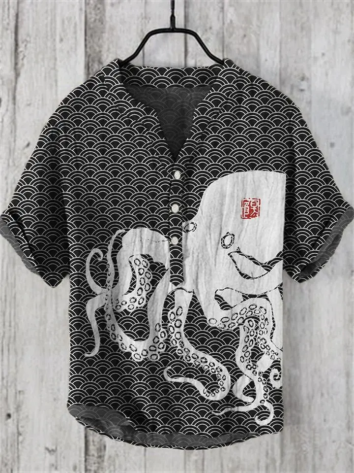 Camisas hawaianas de lino con estampado de la serie Octopus de Amazon para hombre, ropa de playa informal para vacaciones, fábrica de verano