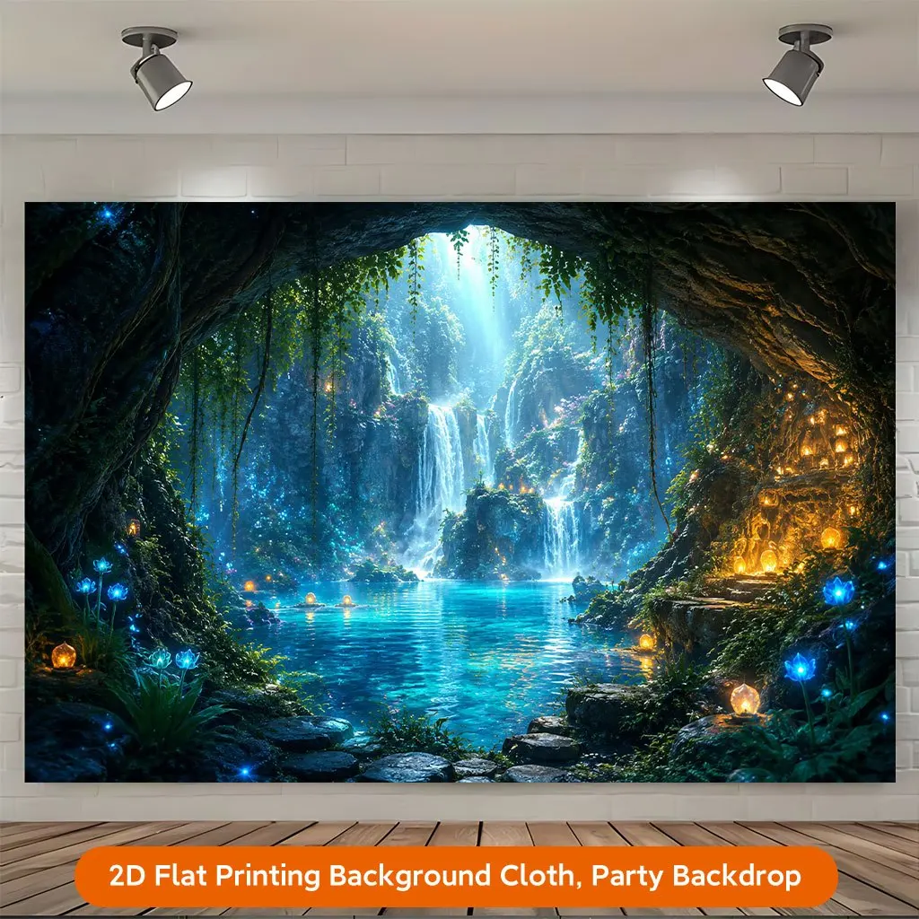 1 piece of 2D flat backdrop, mysterious cave waterfall fairyland beautiful dreamy backdrop banner, polyester banner decoration, home decoration, room decoration, wall decoration, party backdrop decoration, party decoration, gift‑decorating background