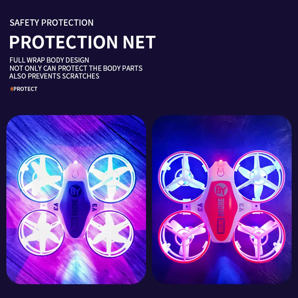 EBORUI Y3 Mini RC Drone w/ Protection Net 2.4Ghz 4CH RC Quadcopter Altitude Hold Colorful LED Lights RC Helicopter Gift for Kids