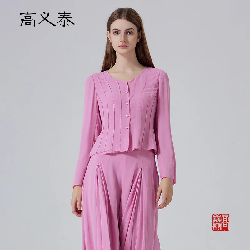 Gaoyitai silk  georgette short coat with round neck,single row of pearl buttons,casual and suitable for commutingWY151
