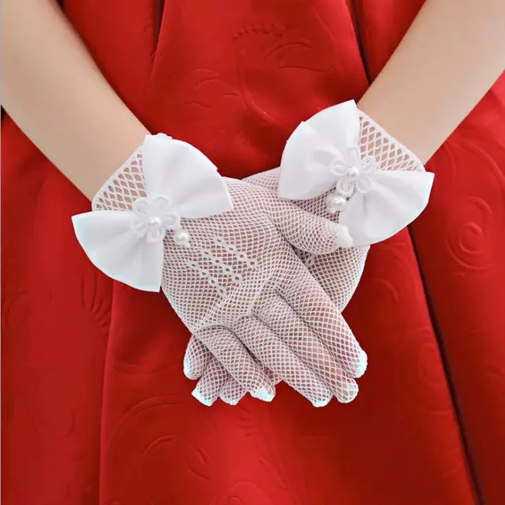 

1 пара корейских кружевных бантов, детское свадебное платье, платье с цветочным узором для девочек, перчатки без пальцев, танцевальные перчатки для девочек, украшение