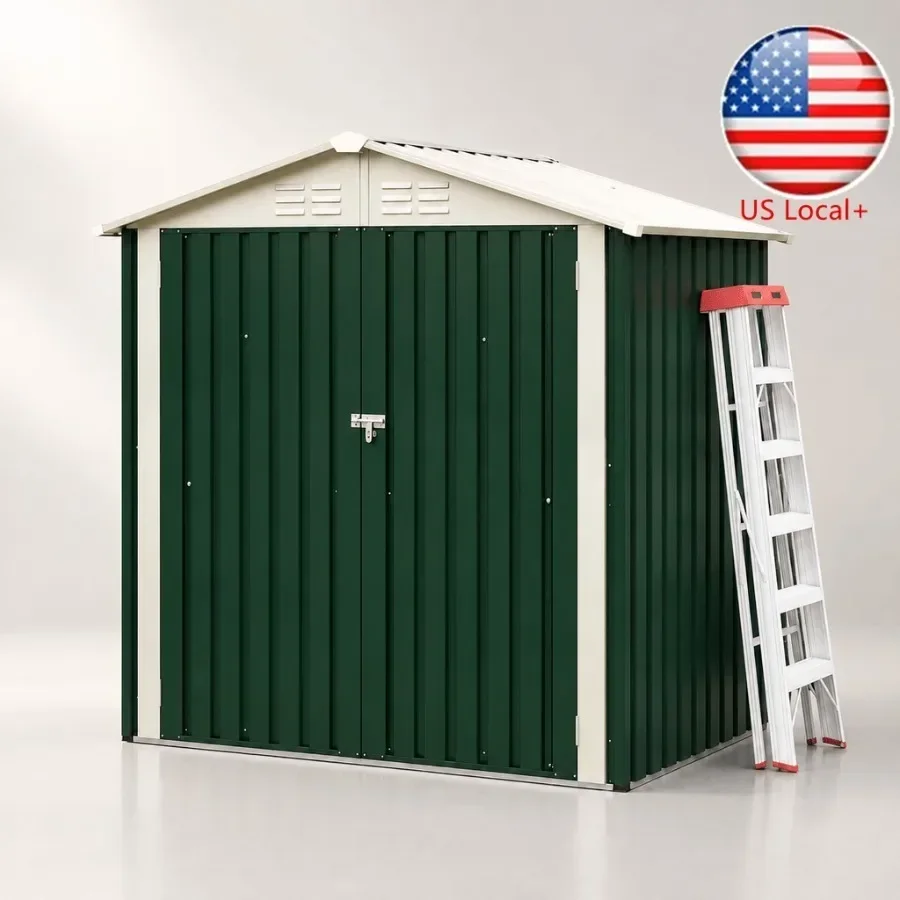 6x4 ft metal storage shed for outdoor use, dark green galvanized steel, sloped roof and window for ventilation and light