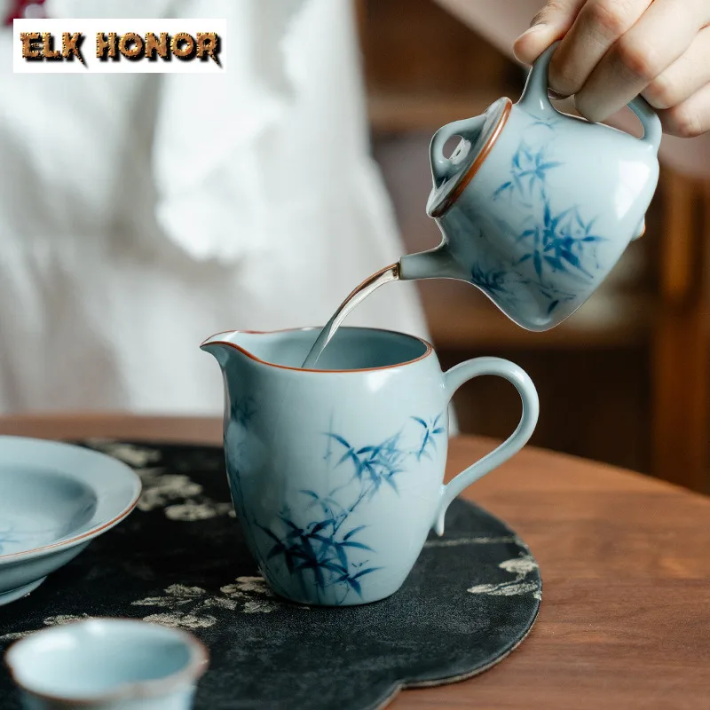 135ml Ru Kiln Hand-painted Blue Bamboo Teapot Creative Tea Infuser Pot Tea Brewing Kettle With Ball Hole Cha Supplies Collection