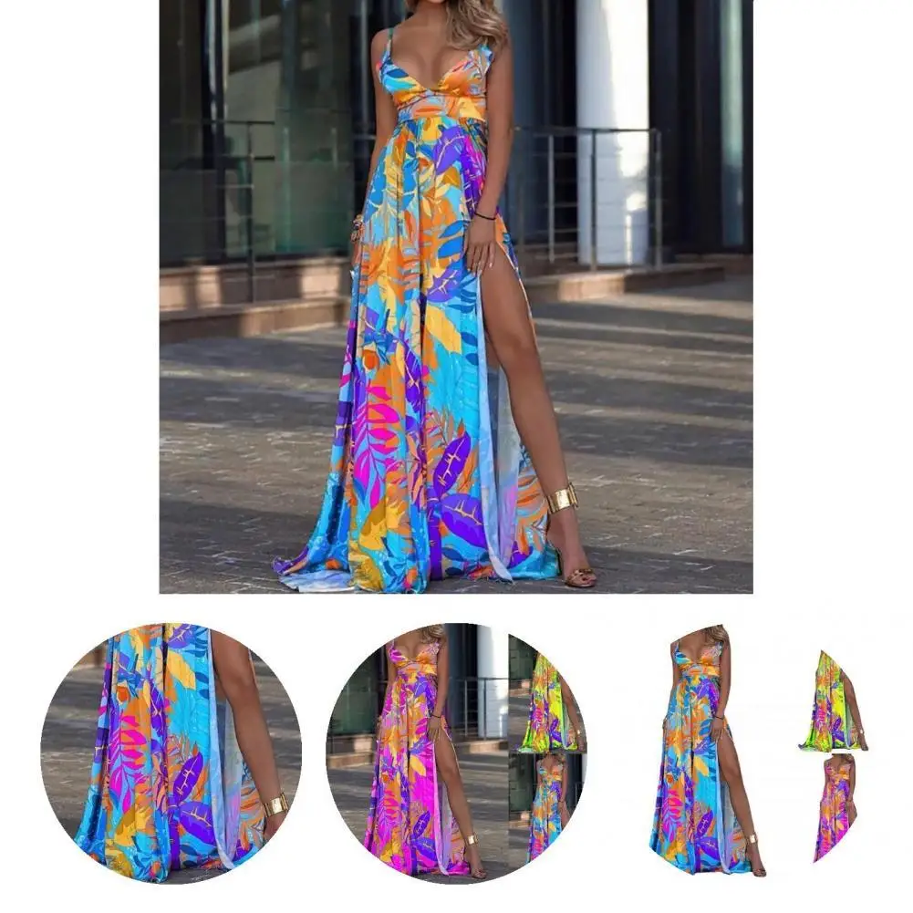 Reliable Long Dress  Attractive Multi-color Sleeveless Dress  Leaves Printed Off-shoulder Floor Dress