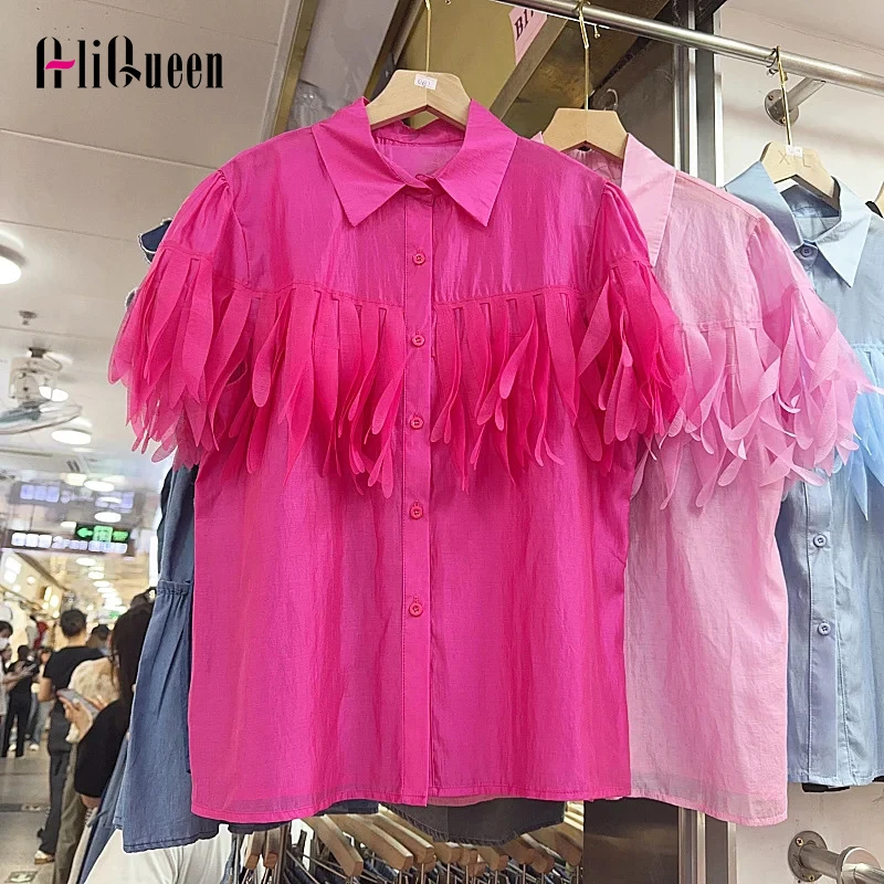 

European Style Women Lapel Single Breasted Short Sleeve Shirt Elegant Female Pink Tassel Patchwork Sweet Shirts Chic Top Camisas