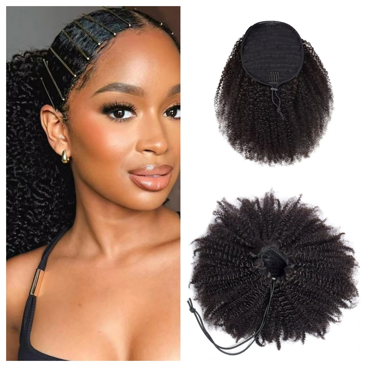 

Наращивание хвоста на шнурке, человеческие волосы, монгольские заколки для волос Remy, афро-кудрявые вьющиеся волосы, обертывание пони для чернокожих женщин