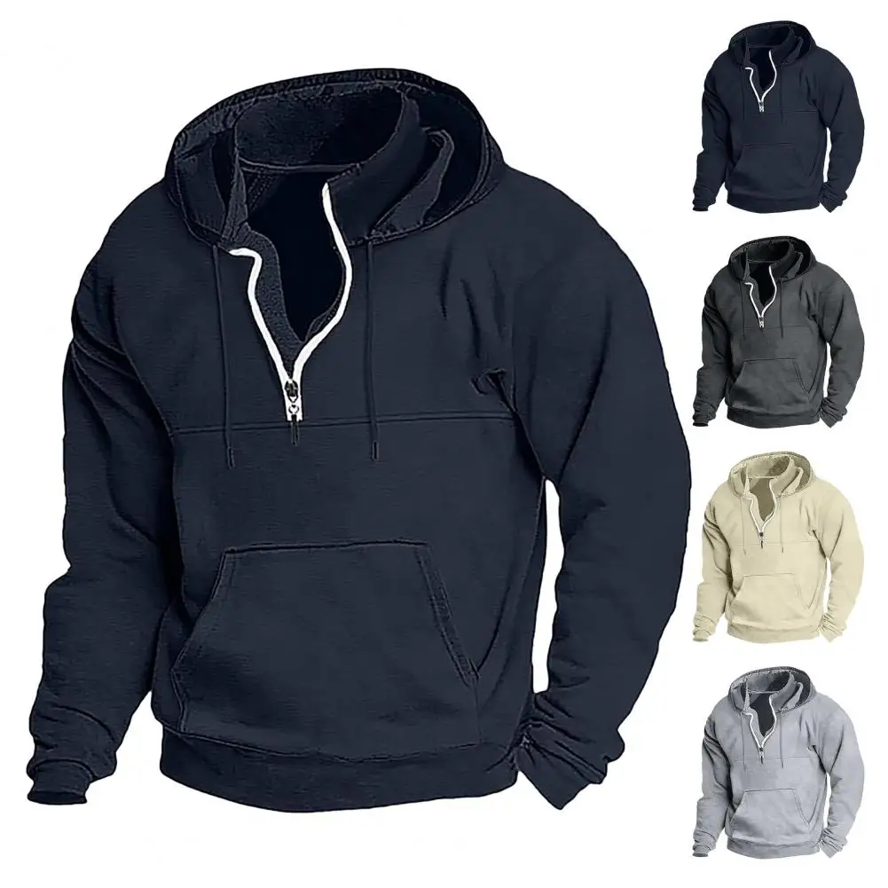 

Mid Length Hoodie Retro Solid Color Men's Hoodie with Zipper Decor Drawstring Soft Warm Long Sleeve Pullover with Big Patch