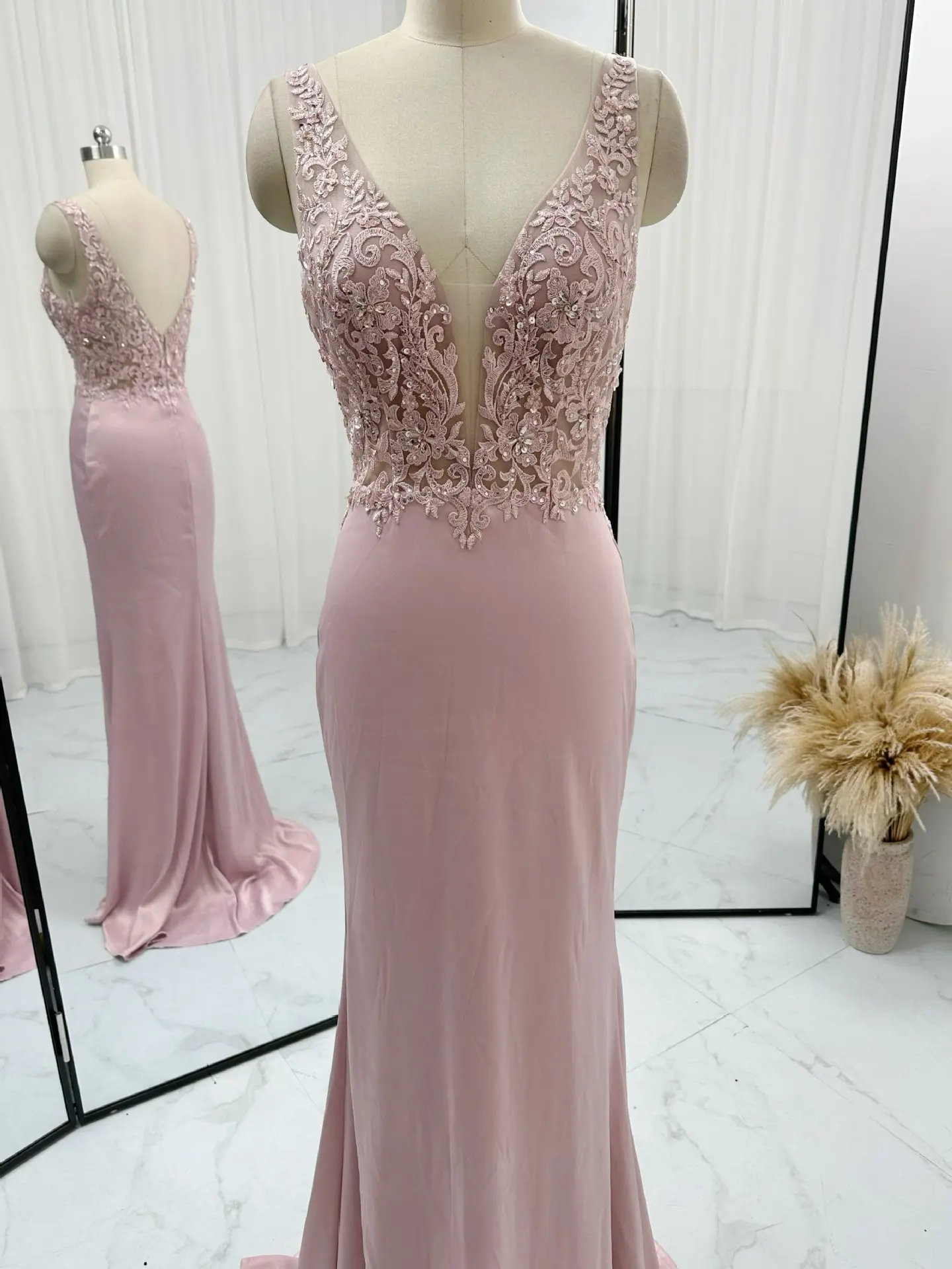 Pink Sexy Bare Shoulders Deep V -Neck Exposed Mermaid Slim Tail Night Evening Dress Skirt M1795