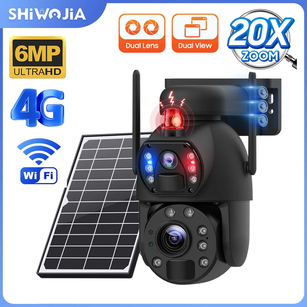 SHIWOJIA 3K 6MP Solar 4G Camera 360° 20X Zoom Dual Lens Recording Humanoid Tracking Outdoor WIFI Camera Metal Waterproof CCTV