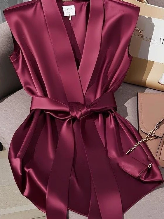 우아한 허리 조임 셔츠 여성 패션 여름 탑 독특하고 스타일리시한 브이넥 중간 길이 캐주얼 셔츠 출퇴근 스타일 순색