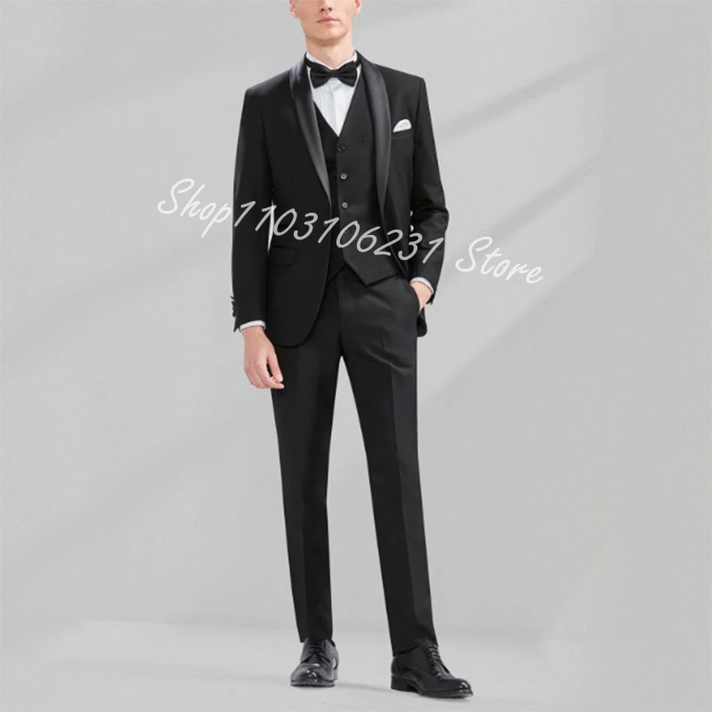 Luxury 3 Pieces Wedding Tuxedos Shawl Lapel Slim Fit Men‘s Suit Formal Business Groom Tuxedos Blazer Vest Pants Costume Homme
