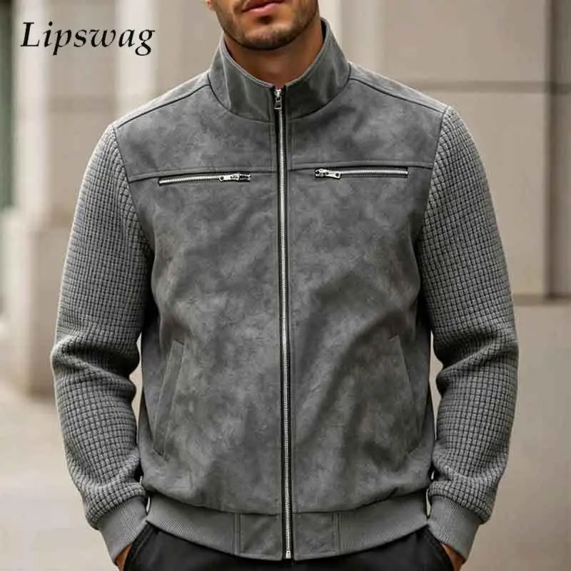 Streetwear Vintage Zip-up Outerwear Mens Fashionable Stand Collar Coats 2026 Autumn Solid Color Loose Waffle Texture Jacket